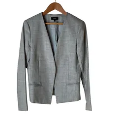 美品 Theory セオリー サキソニー ウール ストレッチ ノーカラージャケット サイズ2 グレー レディース 古着 中古 USED