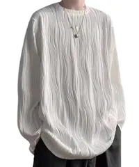 [Elixio] [エリクシオ] メンズ カットソー ロンT リブTシャツ オーバーサイズ 韓国ファッション きれいめ トップス 長袖 薄手 光沢 無地 ゆったり 大きいサイズ 春 秋 (JP, アルファベット, L, ホワイト) [ホワイト] [L]