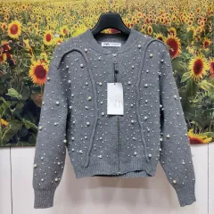 ZARA パール装飾 クロップド ニットジップアップ 未使用 レディース Mサイズ 6c2