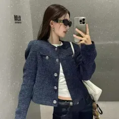 ネイビー コール ツイード ボタン 装飾 ジャケット 春 ジャケット 1 (FREE(XL))