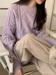 ライトパープル ケーブル編み クロップド セミニット