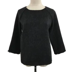 アーバンリサーチ URBAN RESEARCH ブラウス カットソー プルオーバー ラウンドネック 切替 フリンジ 無地 七分袖 Free 黒 グレー ブラック