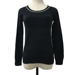 グローブ grove セーター ニット プルオーバー ラウンドネック ボーダー ラメ パール アンゴラ混 長袖 M 黒 ブラック