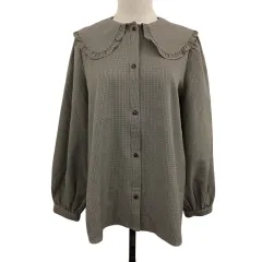 レイカズン Ray cassin シャツ ブラウス フリルカラー 千鳥格子 長袖 F 茶 黒 ブラウン ブラック