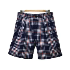 ビームス BEAMS パンツ ショート ハーフ チェック タック M 紺 赤 ネイビー レッド