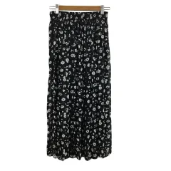 グローバルワーク GLOBAL WORK スカート フレア プリーツ ロング ウエストゴム シフォン 総柄 F 黒 白 ブラック ホワイト