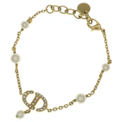 Christian Dior (クリスチャンディオール) ラインストーン フェイクパール CDロゴブレスレット ホワイト×ゴールド