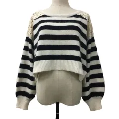 スナイデル SNIDEL セーター ニット プルオーバー ショート丈 ラウンドネック ボーダー アンゴラ混 レース 切替 長袖 F 黒 白 ブラック ホワイト