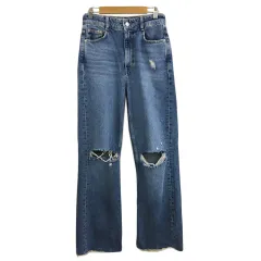 ザラ ZARA パンツ デニム ジーンズ バギー ロング ジップフライ ダメージ加工 カットオフ ハイウエスト USA 4 青 紺 ブルー ネイビー