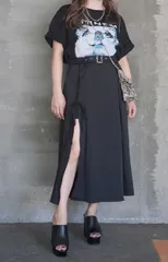 Slit Design Belted Flare Long Skirt (black)のサムネイル