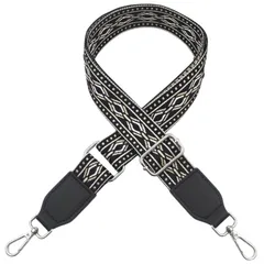 [ドナリー] バッグ ショルダーストラップ レディース 幅広 太め 黒 ジャカード 刺繍 ベルト 肩に優しい 後付け 可愛い おしゃれ 斜めがけ 長さ調整可能 単品 (ブラック×ベージュ エスニック シルバー) [ブラック×ベージュ エスニック シルバー]