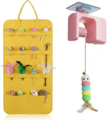 KIDSMAL 猫用おもちゃ収納バッグ付き セット 壁掛け収納 分層ポケット おもちゃセット 片付け簡単 省スペース (天然素材  電動じゃらしセット)