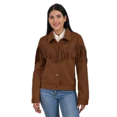 ラングラー レディース アウター ジャケット・ブルゾン スエード フリンジ Womens Wrangler Faux Suede Trucker Jacket With Fringe Dark Broのサムネイル