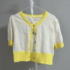 H&M 白 イェロー バイカラー 半袖 カーディガン