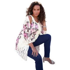 ロアマンズ レディース アウター ニット・セーター プラスサイズ プリント カーディガン レース Roamans Womens Plusize Printed Lace Cardigan Ivory Floral アイボリー