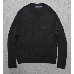 ポロ ラルフローレン ケーブル編み QRタグ ニット ブラック / レッド ポニー L