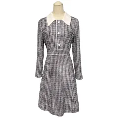 3844 ピンク長袖ゲストルック 長袖ツイードワンピース