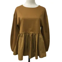 オペークドットクリップ OPAQUE.CLIP カットソー プルオーバー ラウンドネック ペプラム 切替 無地 長袖 38 M 茶 ブラウン