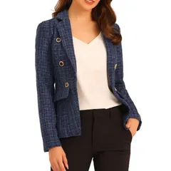 アレグラ ケー レディース アウター ジャケット・ブルゾン ツイード ブレザー ALLEGRA K Womens Notched Lapelong Sleeve Open Front Plaid Tweed Blazer Dark Blue ブルー