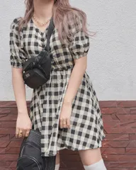 Puffsleeve Check Flare Mini Onepiece（beige）のサムネイル