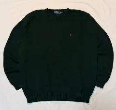 オーバーサイズ) POLO RALPH LAUREN ポロラルフローレン コットン クルーネック ニット ダークグリーン