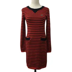 ラコステ LACOSTE ワンピース ニット プルオーバー Iライン ひざ丈 ボーダー ウール ロゴ 長袖 34 赤 黒 レッド ブラック