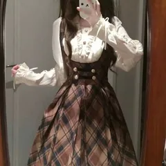 【新品】フレンチレトロフリルブラウス＋チェック柄サスペンダースカート レディース ワンピース レトロ 可愛い  ハイウエスト 高見え S M L 　E1574