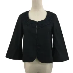 アナトリエ ANATELIER ジャケット ノーカラー ミドル丈 フリル 無地 リネン混 七分袖 38 黒 ブラック