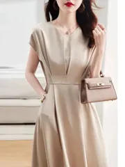 【新品】フロントタックきれいめワンピース レディース 韓国 韓国ファッション ワンピース オフィス カジュアル シンプル 無地 フォーマル骨格 ウェーブ きれいめ おすすめ 半袖 ウエスト 入学式 ベージュ フレア ベーシック　OC-0020