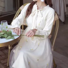 【新品】キュート 花柄刺繍チュール長袖ワンピース　可愛い　A0914