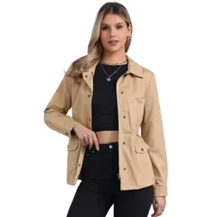 アレグラ ケー レディース アウター ジャケット・ブルゾン ダウン ALLEGRA K Womens Turndown Collar Long Sleeve Drawstring Flapocket Zipper Utility Jacketan Khaki