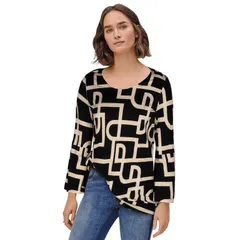 Ellos レディース トップス Tシャツ A ライン プラスサイズ ニット ellos Plusize Bell Sleeve ALine Knitunic Black White Print ホワイト