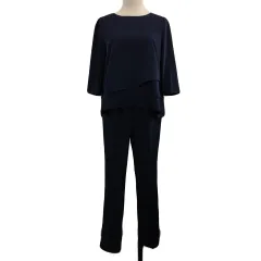 プールヴー pour vous セットアップ ブラウス カットソー プルオーバー フリル 七分袖 パンツ テーパード ロング ウエストゴム イージー 無地 L 紺 ネイビー