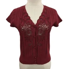 アプワイザーリッシェ Apuweiser-riche カーディガン ニット Vネック レース 刺繍 半袖 2 赤 レッド