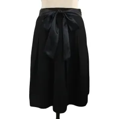 ナチュラルビューティーベーシック NATURAL BEAUTY BASIC スカート フレア ひざ丈 タック 無地 ウール リボンベルト XS 黒 ブラック