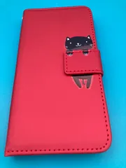 iPhone14 Pro ケース 手帳型 猫 赤  熊グレーストラップ付き カード収納