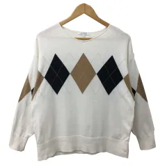 グローバルワーク GLOBAL WORK セーター ニット プルオーバー ラウンドネック アーガイル 総柄 ナイロン 長袖 M 白 茶 ホワイト ブラウン