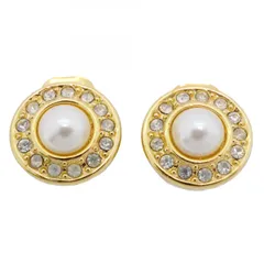 【6jcb0563-k】クリスチャンディオール イヤリング 丸型 サークル GPメッキ フェイクパール ラインストーン ゴールド【中古】レディース