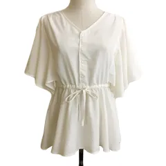 アズールバイマウジー AZUL by moussy ブラウス カットソー プルオーバー Vネック ペプラム 無地 フレアスリーブ 五分袖 S 白 ベージュ ホワイト