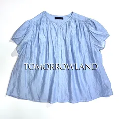 cW88 TOMORROWLAND collection コットンシルク ギャザーブラウス 半袖 フレンチスリーブ シアーシャツ 薄手 ブルー 青 トゥモローランド 定価18,700円