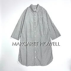 cW64 MHL 2way ギンガムチェックワンピース シャツワンピース ボタン 胸元•両側ポケットあり 襟付き ベージュ系 MARGARET HOWELL マーガレットハウエル