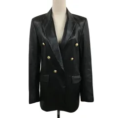 ザラ ZARA ジャケット テーラード ダブル フェイクレザー センターベント 無地 長袖 USA S 黒 ブラック