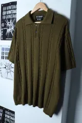 (L-XL) エクストーンズ 半袖 カラ Tシャツ ケーブル ケーブル編み グリーン-17722