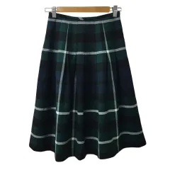 ヨークランド YORKLAND スカート フレア ひざ丈 ウール チェック 7AR 緑 黒 グリーン ブラック