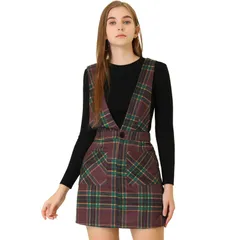 アレグラ ケー レディース トップス ワンピース Vネック オーバーオール スカート ニット ALLEGRA K Womens Plaid Above Knee Preppy Knit Crossover V Neck Overall Skirt Burgun