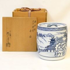 F1486 鈴木康月 染付 桶側 皆具 共箱 桶川皆具 水指 建水 尺立 蓋置