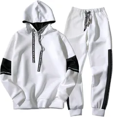 m＆em スポーツウェア 上下セット パーカー ジョガーパンツ テープロゴデザイン (ホワイト,  M)