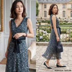 レベッカテイラー【2】ロングワンピース シルク混 透け感 日本製 総柄 M