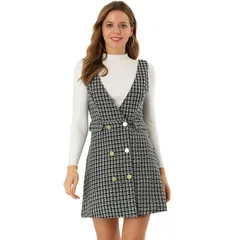 アレグラ ケー レディース ボトムスカート Vネック ハイウエスト オーバーオール ツイード ALLEGRA K Womens Button V Neck Plaid Tweed High Waist Office Overall Dress Black ブラ