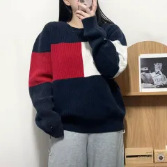 正規品 トミーヒルフィガー ネイビー ビックロゴ ラウンド ニット L